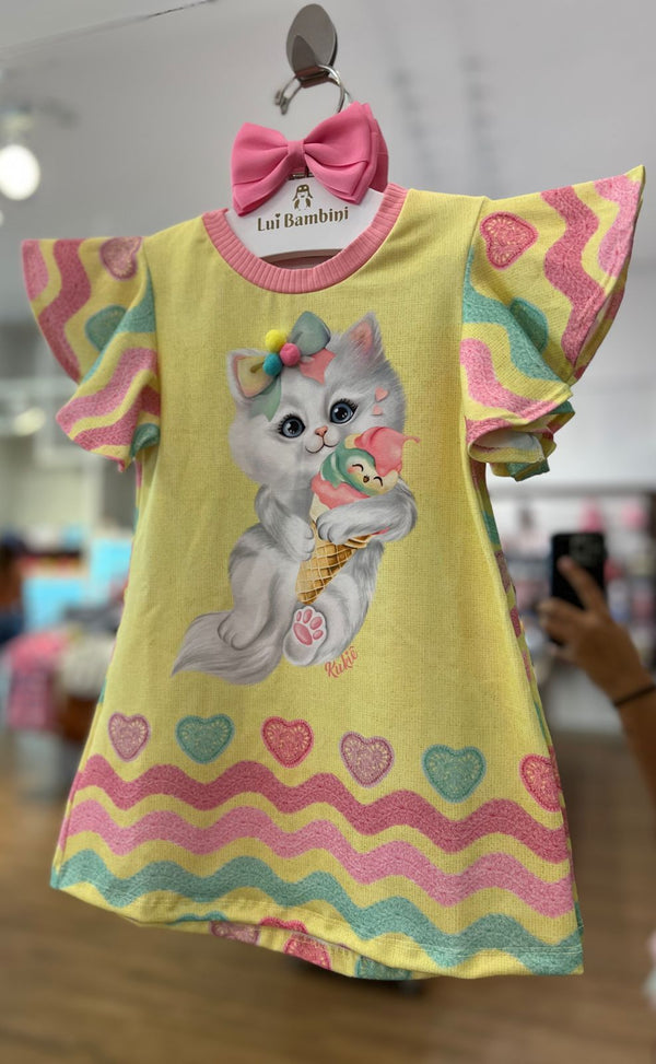 VESTIDO MANGA CURTA GATINHA SORVETE POMPOM COM MOCHILA MENINA KUKIE