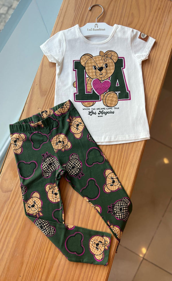 CONJUNTO BLUSA MANGA CURTA COM CALÇA URSINHA E STRASS LOS ANGELES MENINA MOMI