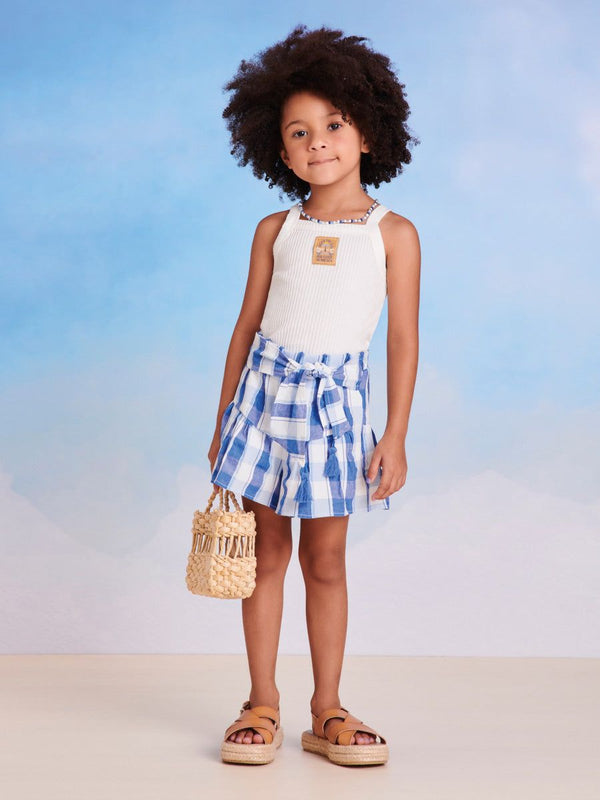 CONJUNTO BLUSA REGATA CANELADA COM SHORT XADREZ E CINTO FAIXA LAÇO MENINA MOMI