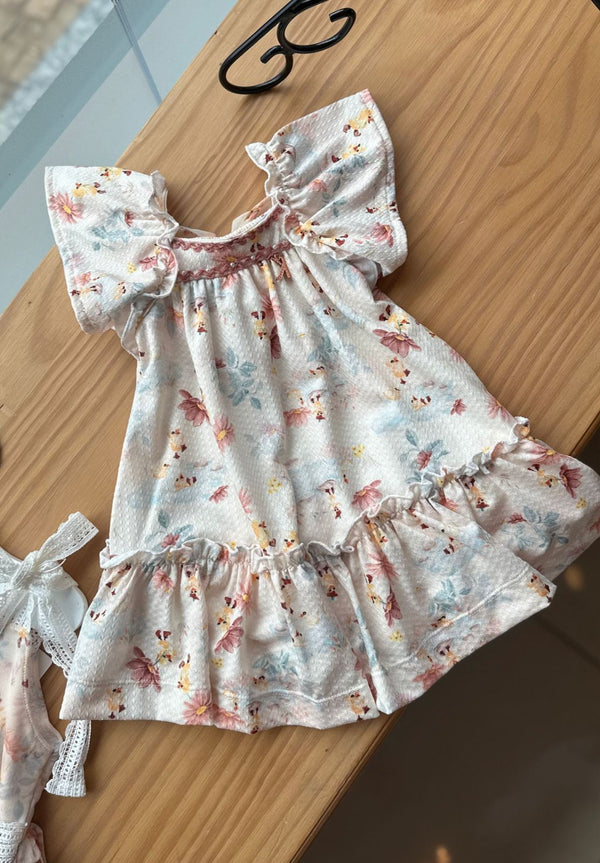VESTIDO MANGA CURTA BABADOS COM BORDADO FLORES E PATINHOS MENINA KIKI XODO