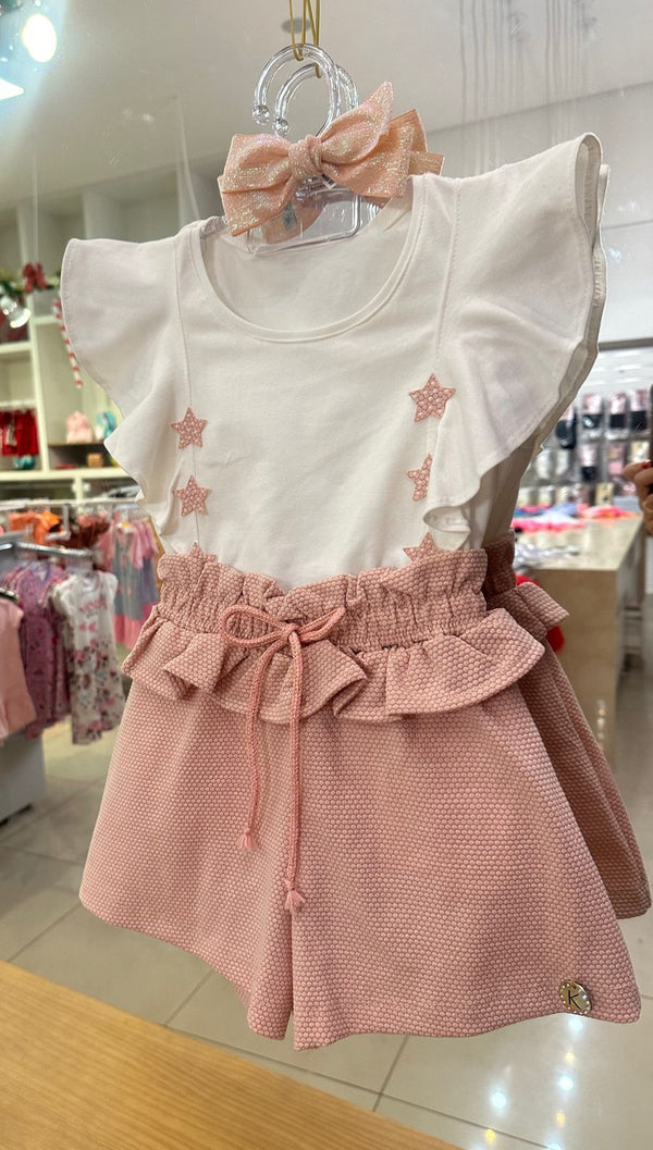 CONJUNTO BLUSA MANGA CURTA ESTRELAS E PÉROLAS COM SHORT BABADO MENINA KIKI XODO