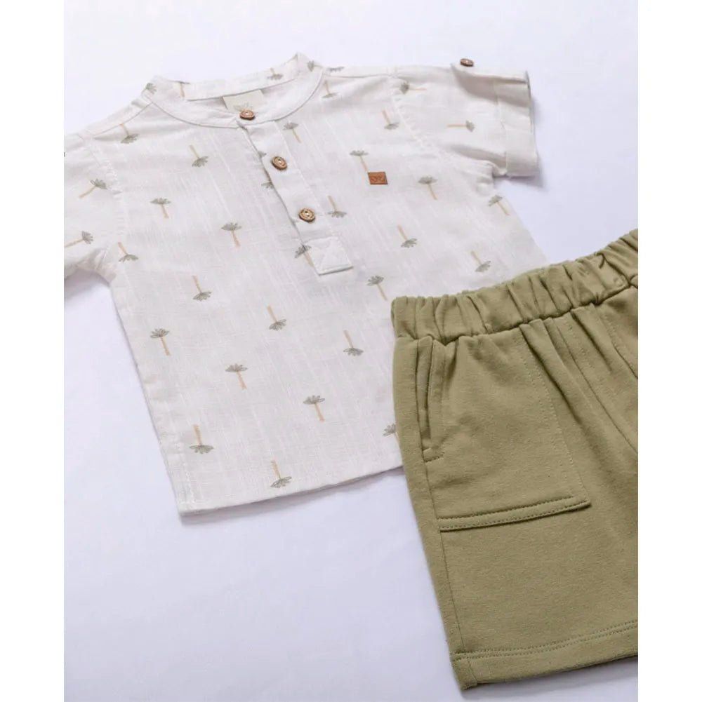 CONJUNTO BATA MANGA CURTA DOBRADA COQUEIROS E BERMUDA BOLSOS MENINO ANJOS BABY
