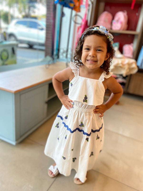VESTIDO REGATA COM ALÇA FLORES BORDADAS ONDA E GOLA SOBREPOSTA MENINA MOMI