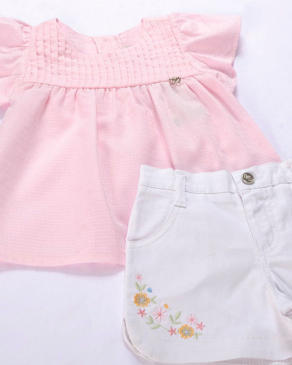 CONJUNTO BATA MANGA CURTA PLISSADA E SHORT SARJA FLORES BORDADAS MENINA ANJOS BABY