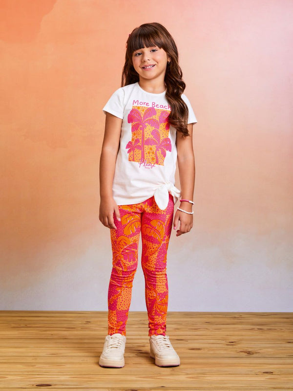 CONJUNTO BLUSA MANGA CURTA AMARRAÇÃO COM LEGGING COQUEIROS STRASS MENINA MOMI
