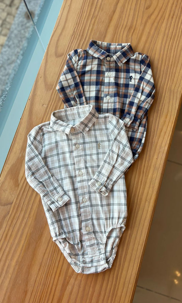 BODY CAMISA MANGA LONGA XADREZ QUADRICULADO COM BOTÕES E BORDADO MENINO ONDA MARINHA