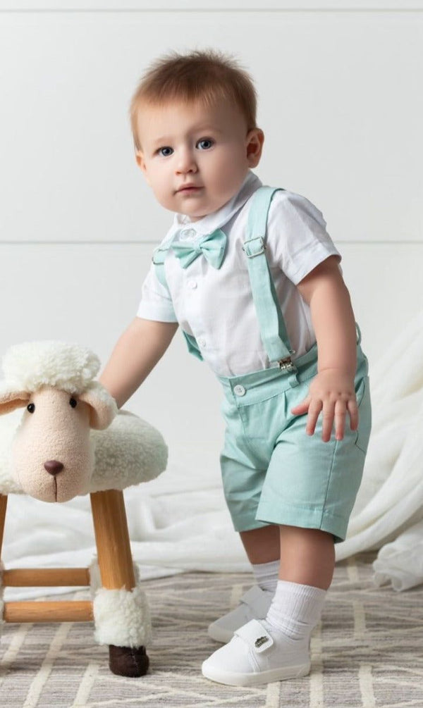 CONJUNTO BODY CAMISA MANGA CURTA GRAVATA BERMUDA E SUSPENSÓRIO MENINO BARBARA KIDS