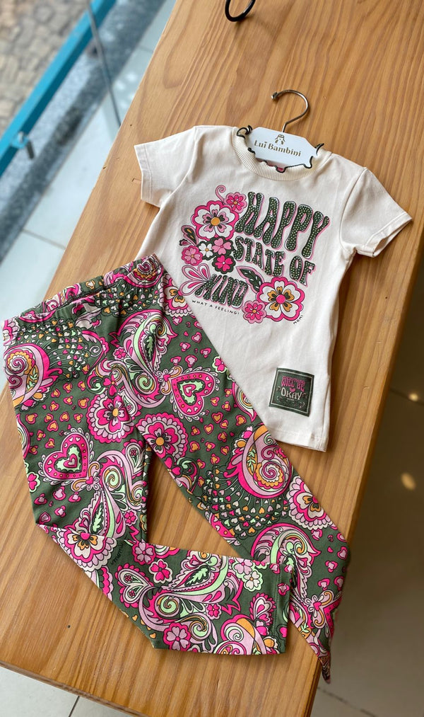 CONJUNTO BLUSA MANGA CURTA E CALÇA LEGGING FLORAL COM STRASS HAPPY MENINA MOMI