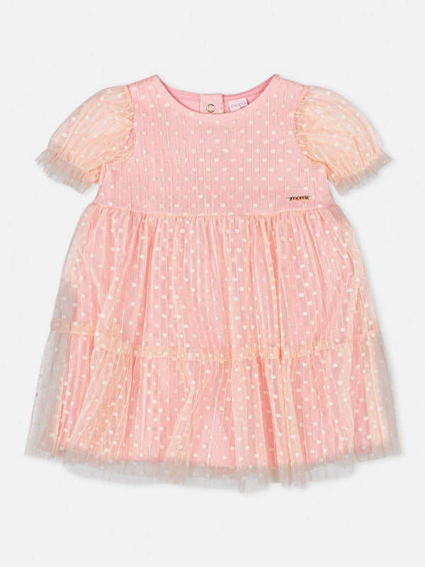 VESTIDO MANGA CURTA EM TULE POÁ COM PLISSADO MENINA MOMI