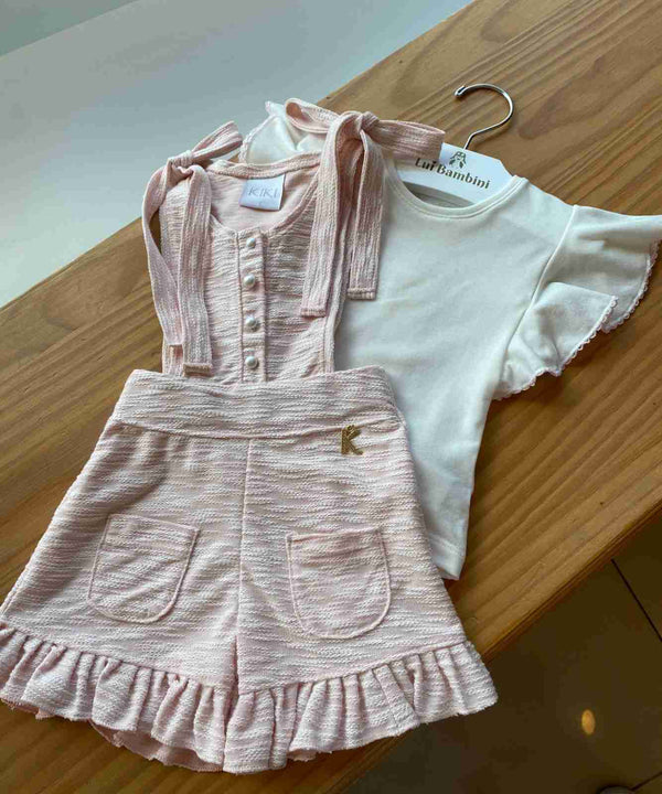 CONJUNTO BLUSA MANGA CURTA GODÊ E JARDINEIRA ALÇA BABADOS BOLSO MENINA KIKI XODO