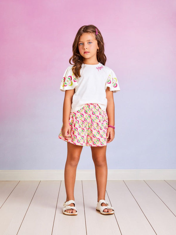 CONJUNTO BLUSA MANGA CURTA EVASÊ COM BORDADO E SHORT FLORAL MENINA MOMI