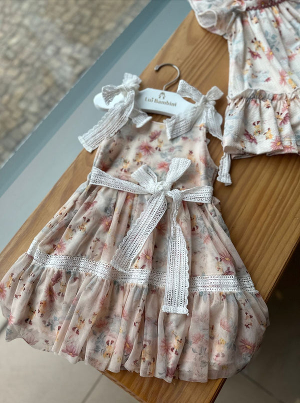 VESTIDO COM ALÇA BORDADA SOBREPOSIÇÃO TULE FLORES E PATINHOS MENINA KIKI XODO