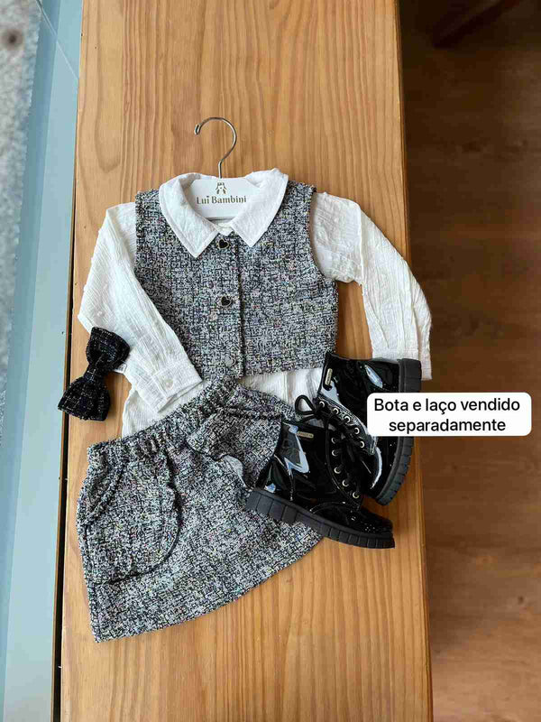 CONJUNTO COLETE REGATA SAIA TWEED E BLUSA MANGA LONGA POÁ MENINA ANJOS BABY