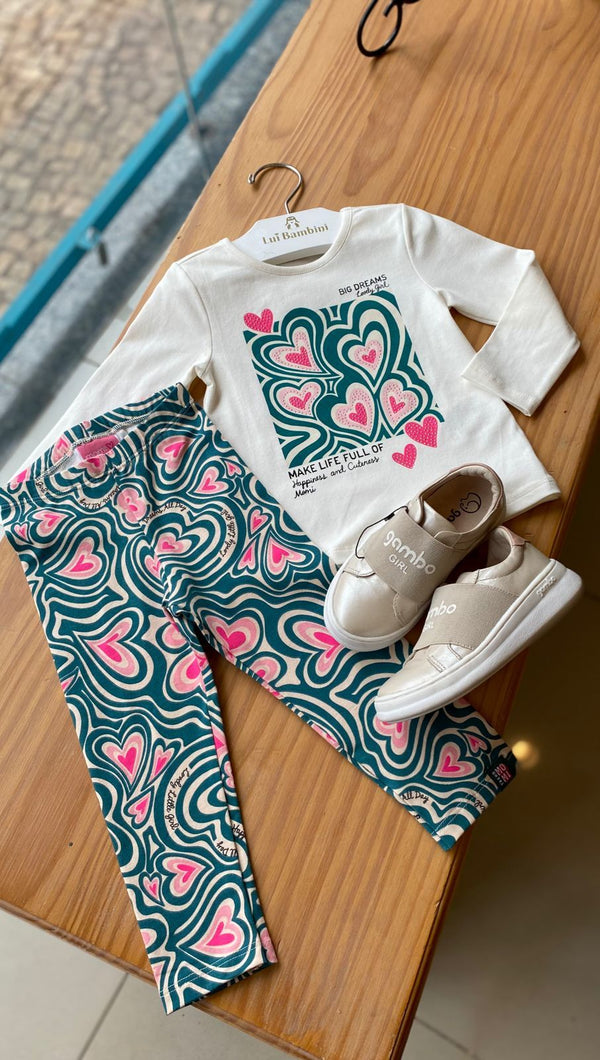 CONJUNTO BLUSA MANGA LONGA E CALÇA LEGGING CORAÇÕES COM STRASS MENINA MOMI