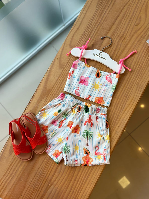 CONJUNTO BLUSA DE ALÇA COM AMARRAÇÃO E SHORT FLORES E FLAMINGO MENINA LUI BAMBINI