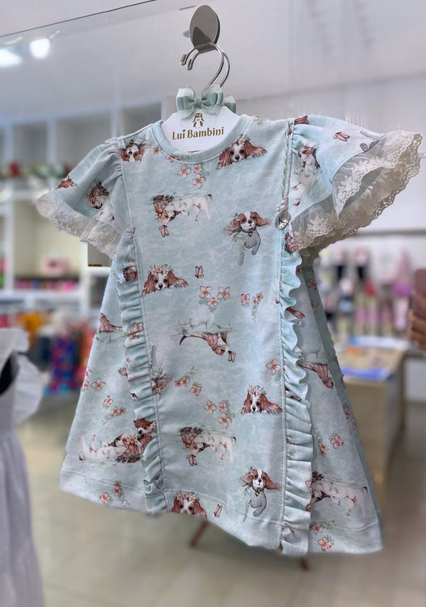 VESTIDO MANGA CURTA TULE BORDADO COM BABADO PINGENTE STRASS DOGS MENINA KIKI XODO