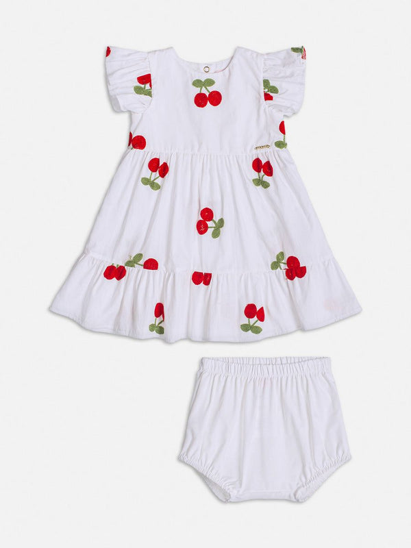 VESTIDO MANGA CURTA COM BABADOS E CALCINHA CEREJAS BORDADAS MENINA MOMI