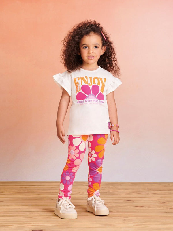 CONJUNTO BLUSA MANGA CURTA BABADO ENJOY STRASS COM CALÇA LEGGING FLORAL MENINA MONI
