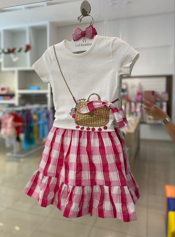 CONJUNTO BLUSA MANGA CURTA BOLSA LAÇO COM SAIA XADREZ QUADRICULADA MENINA MOMI