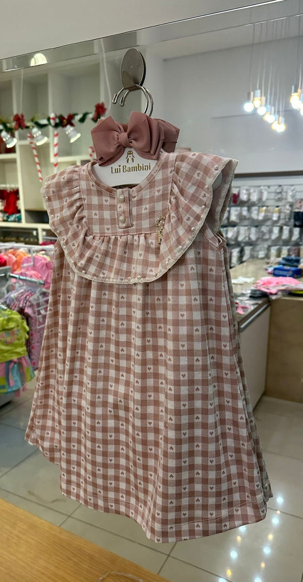 VESTIDO REGATA XADREZ QUADRICULADO GOLA PÉROLA POÁ CORAÇÃO MENINA KIKI XODO