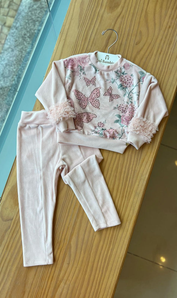 CONJUNTO BLUSA MANGA LONGA PLUSH BORBOLETAS E FLORES COM STRASS E CALÇA MENINA PETIT CHERIE