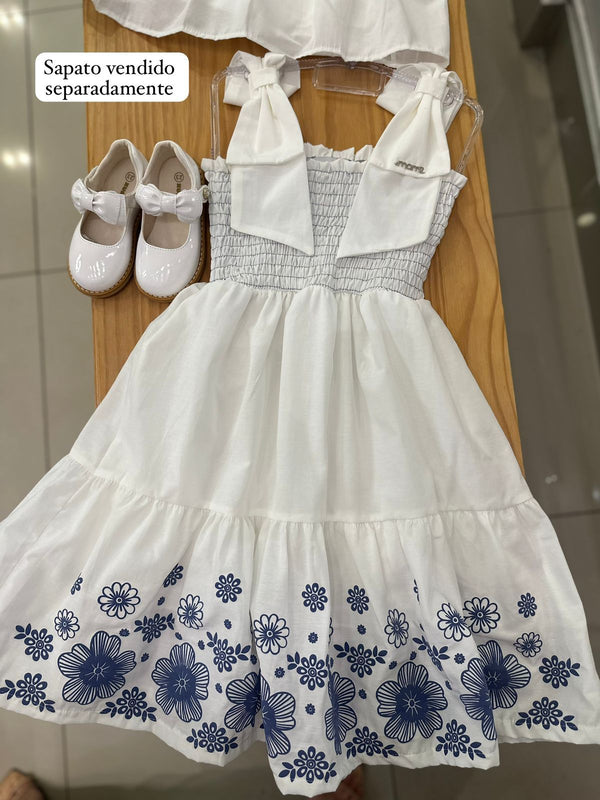 VESTIDO DE ALÇA COM LAÇOS E FLORES LASTEX MENINA MOMI