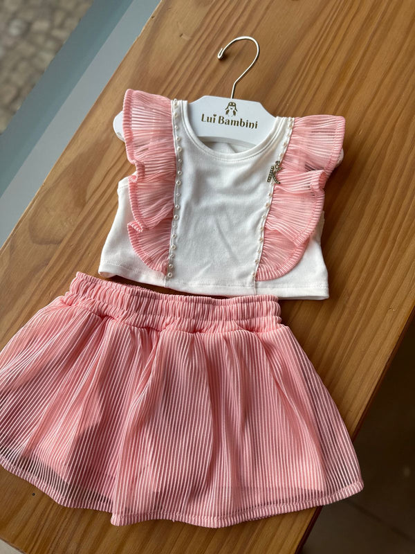CONJUNTO BLUSA MANGA CURTA TULE BABADOS COM PÉROLAS E SAIA MENINA KIKI XODO