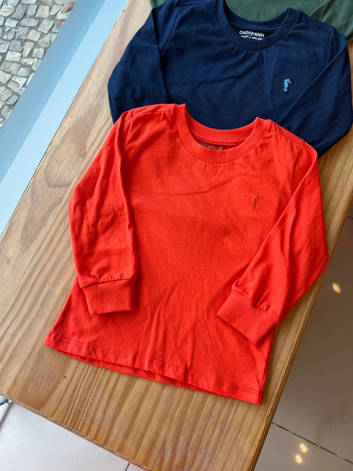 CAMISETA MANGA LONGA LISA COM GOLA REDONDA E CAVALO MARINHO BORDADO MENINO ONDA MARINHA
