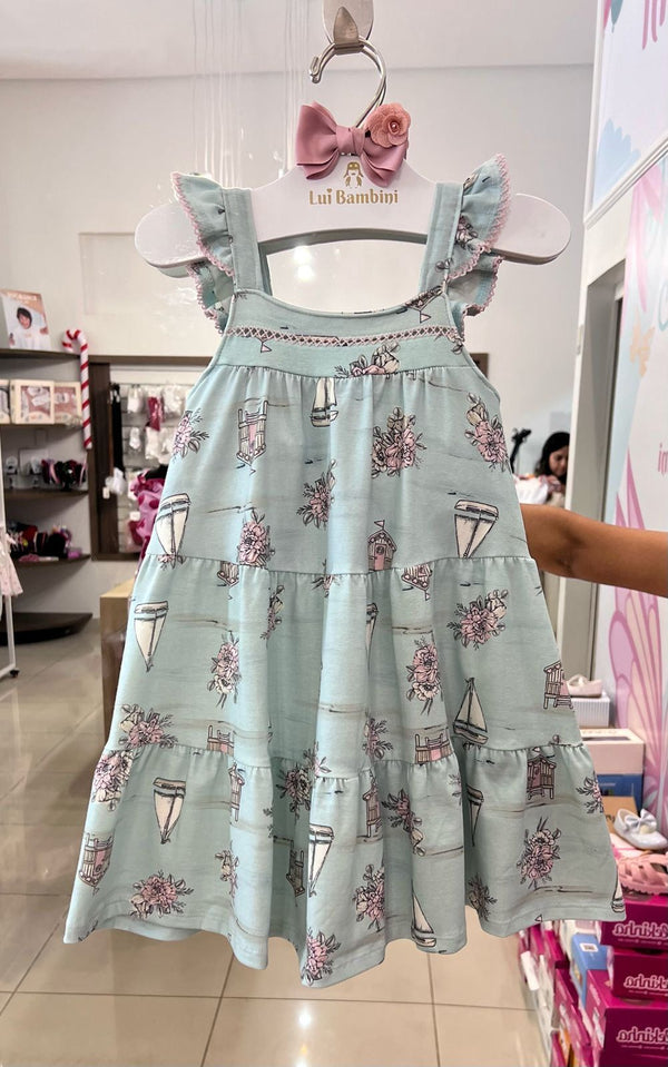 VESTIDO DE ALÇA BORDADO FLORES E BARCOS MENINA MILON