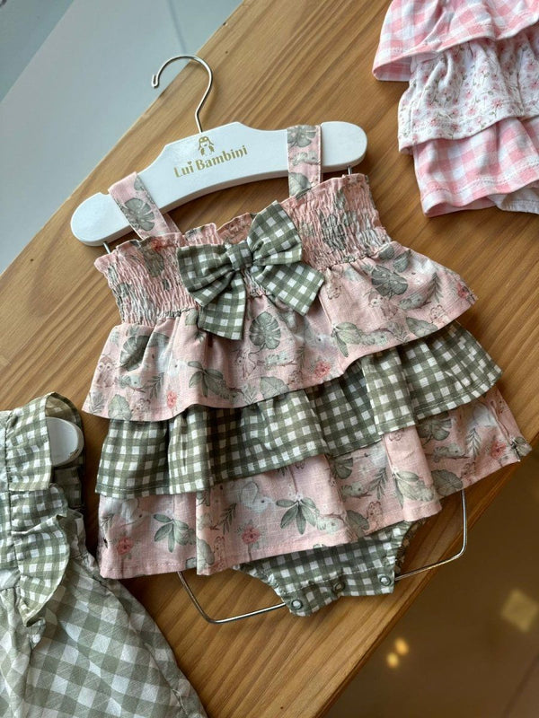 BODY VESTIDO ALÇA XADREZ QUADRICULADO ANIMAIS E PLANTAS COM LAÇO MENINA ANJOS BABY