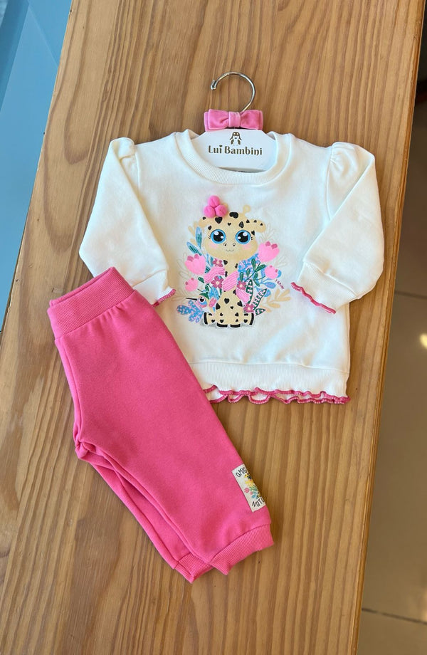 CONJUNTO BLUSÃO MANGA LONGA COM GIRRAFINHA E FLORES POM POM E CALÇA MENINA FAKINI