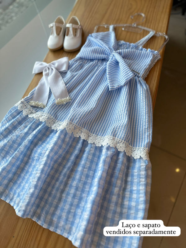 VESTIDO DE ALÇA COMPOSE LISTRADO XADREZ COM LAÇO E FLORES BORDADAS MENINA MOMI