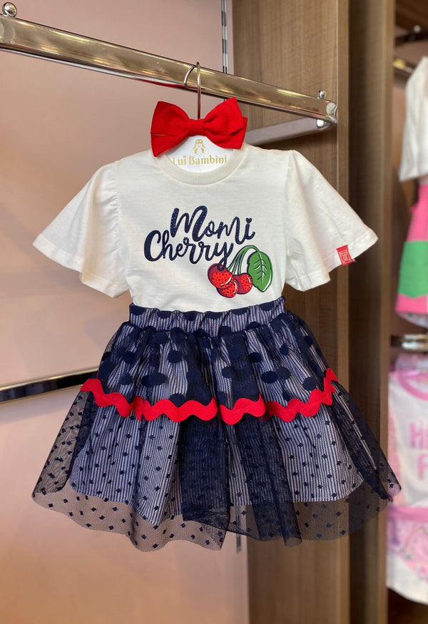 CONJUNTO BLUSA MANGA CURTA CEREJA STRASS COM SAIA TULE POÁ MENINA MOMI