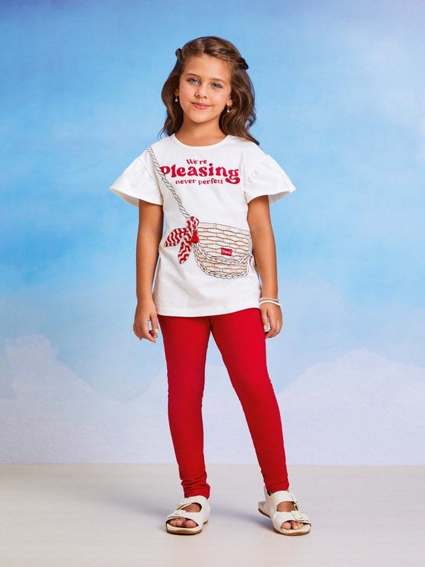 CONJUNTO BLUSA MANGA CURTA BABADOS COM CALÇA LEGGING PLEASING POMPOM MENINA MOMI
