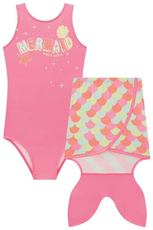 CONJUNTO MAIÔ ALÇA COM SAIA CAUDA DE SEREIA MERMAID STRASS UV50+ MENINA KUKIE - CONJUNTO PRAIA MENINA - MAIO PRAIA - MENINA