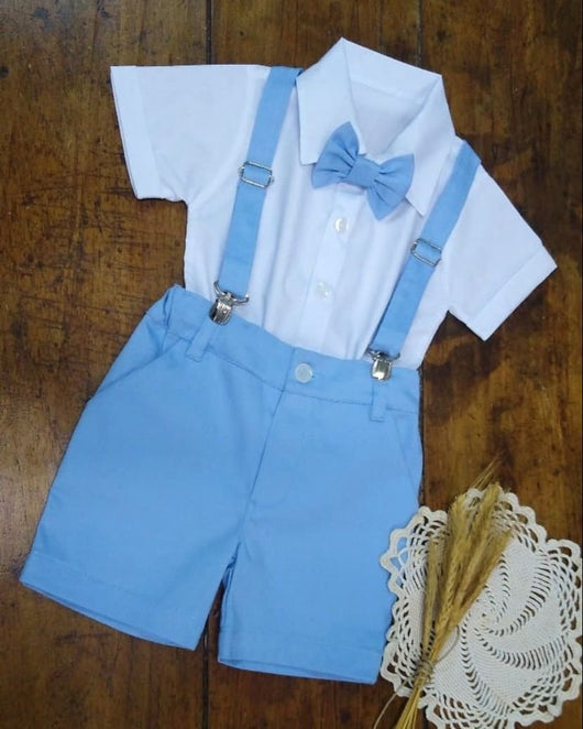 CONJUNTO CAMISA MC BERMUDA GRAVATA SUSPENSORIO LISO MENINO MAGIC ZOO - cf-cor-azul-claro - cf-cor-bege - cf-cor-cinza