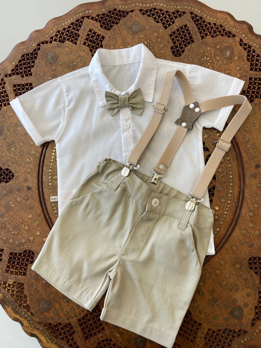 CONJUNTO CAMISA MC BERMUDA GRAVATA SUSPENSORIO LISO MENINO MAGIC ZOO - cf-cor-azul-claro - cf-cor-bege - cf-cor-cinza